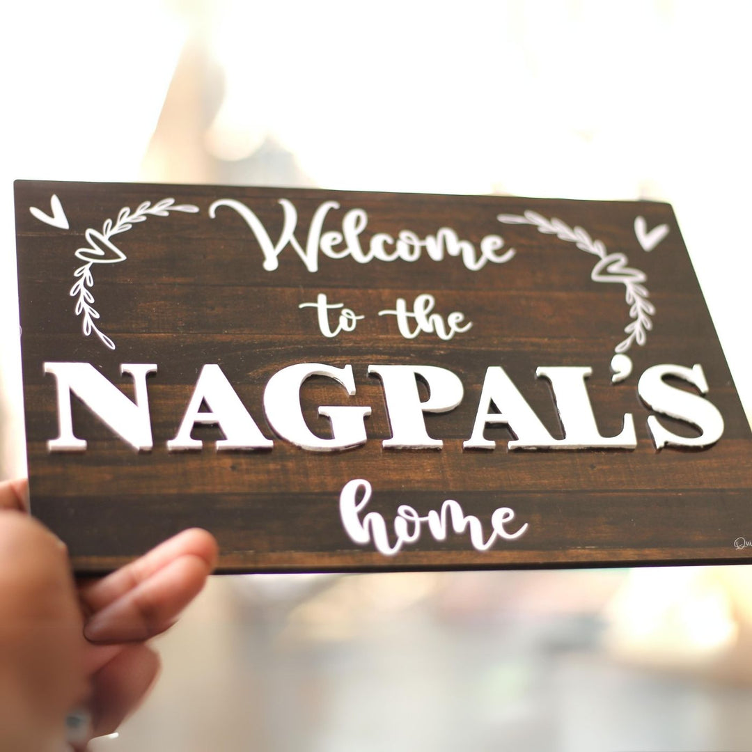 Personalized Printed Welcome To Our Home Mdf Wood Name Plate With 3D Letters - Handheld Showing Front View Personalization