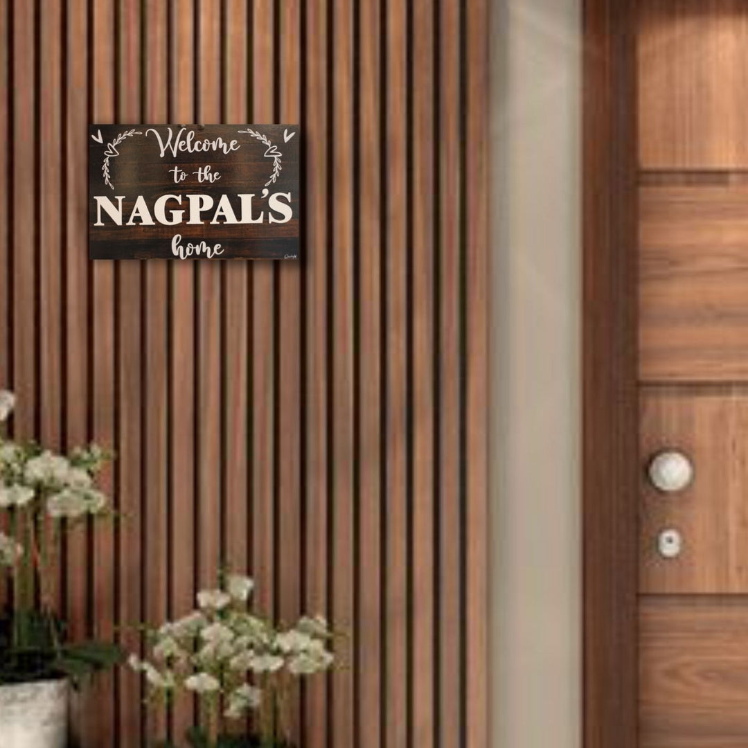 Personalized Printed Welcome To Our Home Mdf Wood Name Plate With 3D Letters - Mounted on Vertical Slatted Wall