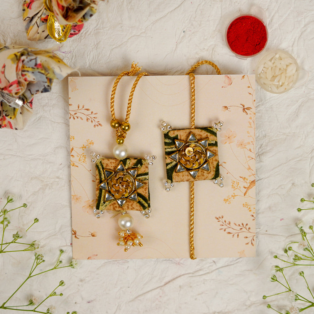 Handmade Sequin Embroidery Kundan Bhaiya Bhabhi Rakhi With Roli Chawal Set Of 2 - Pair Display on Floral Card (7)