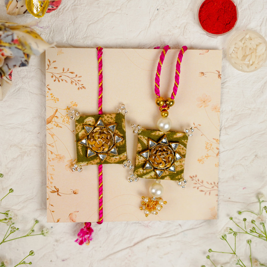Handmade Sequin Embroidery Kundan Bhaiya Bhabhi Rakhi With Roli Chawal Set Of 2 - Pair Display on Floral Card