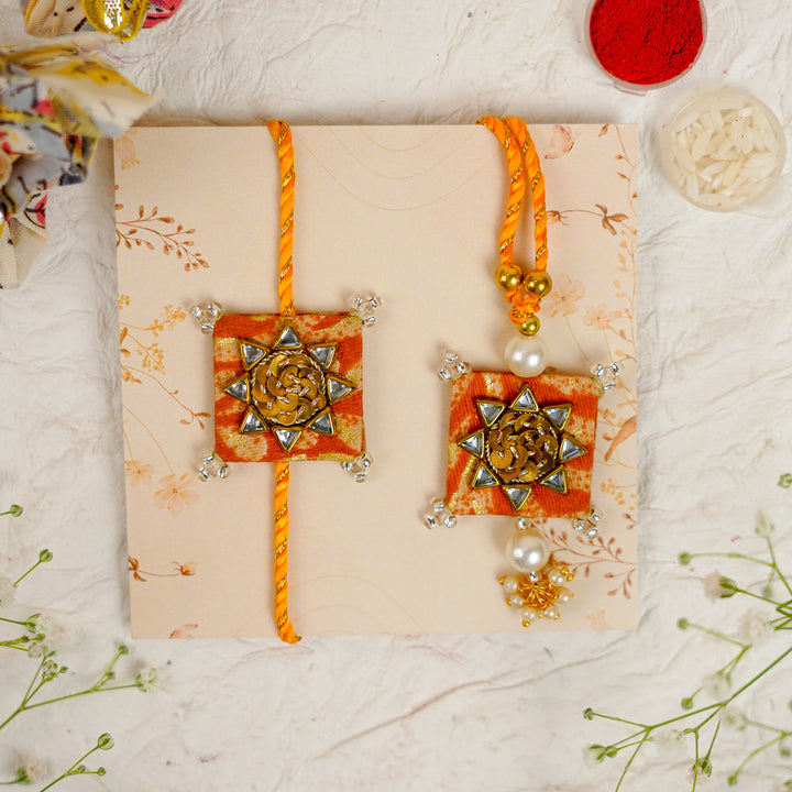 Handmade Sequin Embroidery Kundan Bhaiya Bhabhi Rakhi With Roli Chawal Set Of 2 - Pair Display on Floral Card (4)