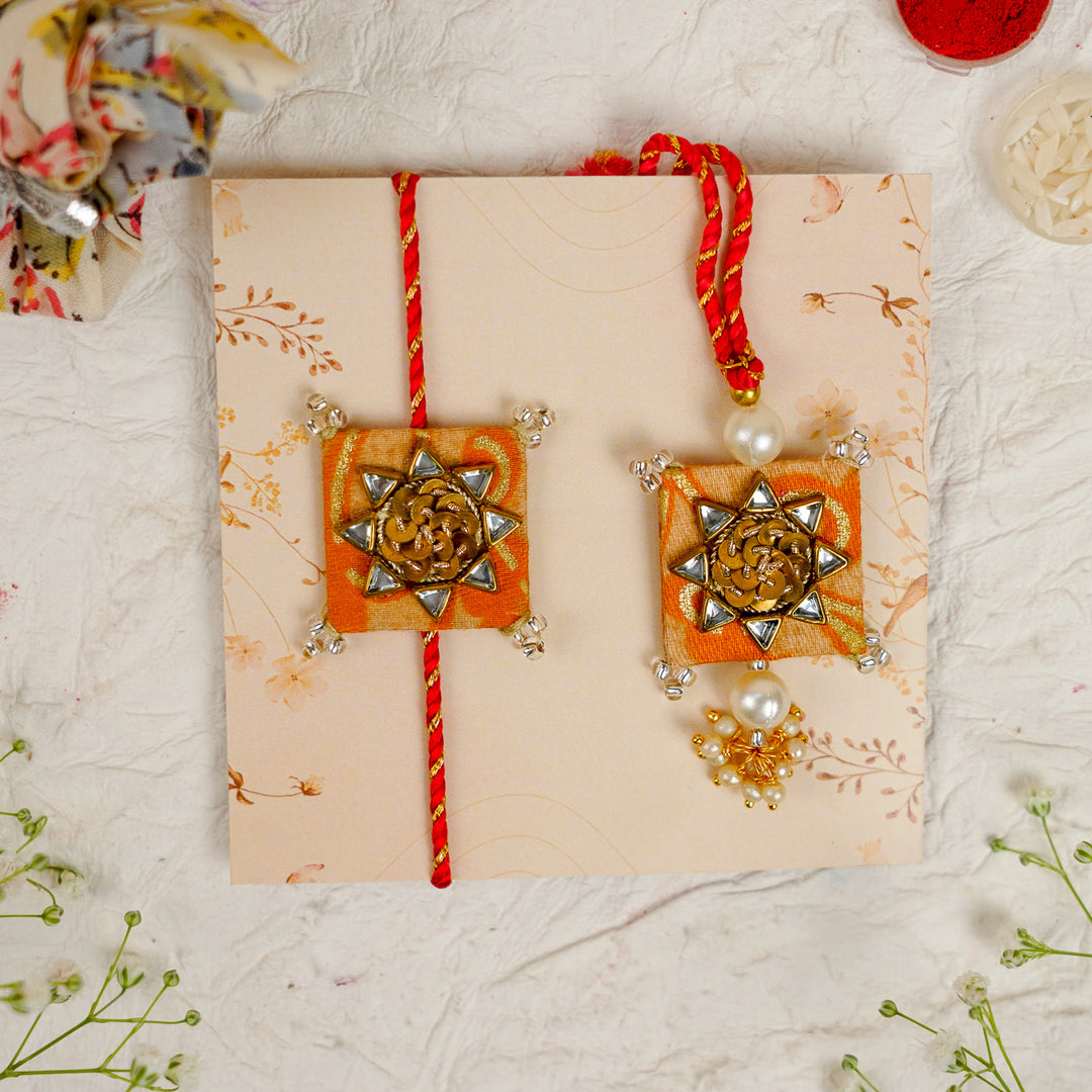 Handmade Sequin Embroidery Kundan Bhaiya Bhabhi Rakhi With Roli Chawal Set Of 2 - Pair Display on Floral Card (10)