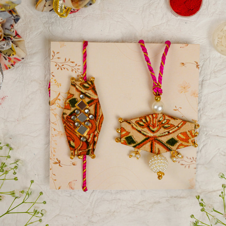 Handmade Sequin Embroidery Hexagon Kundan Bhaiya Bhabhi Rakhi With Roli Chawal Set Of 2 - Pair Front View on Card (4)