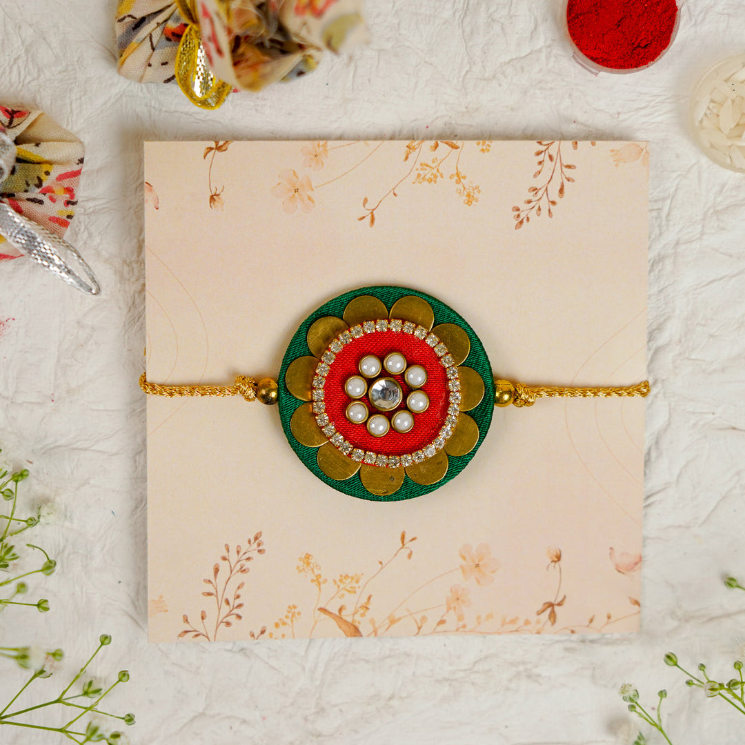 Handmade Mandala Kundan Flower Rakhi With Roli Chawal - Front View on Display Card