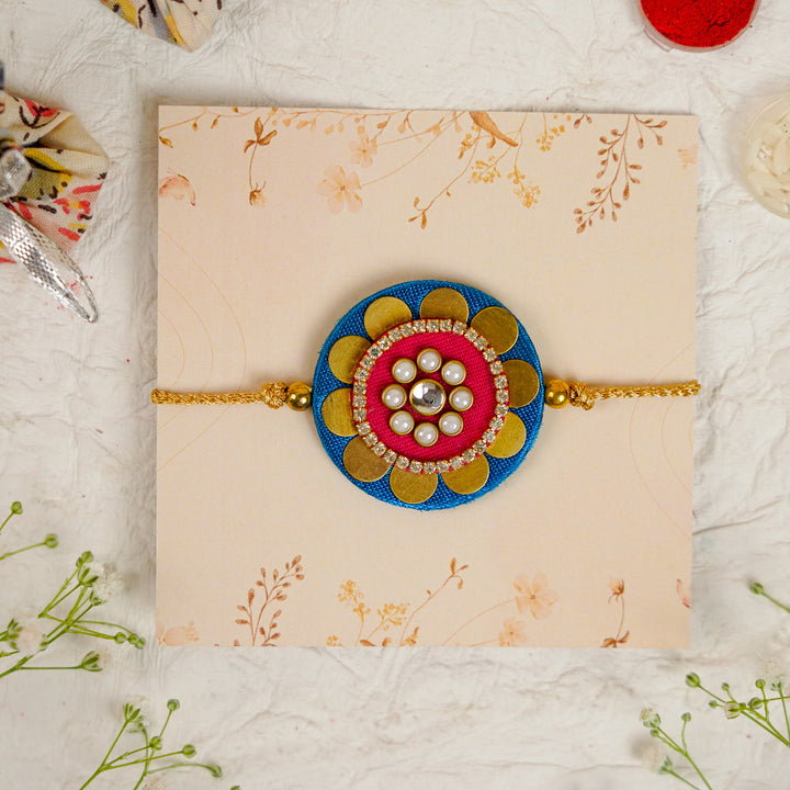 Handmade Mandala Kundan Flower Rakhi With Roli Chawal - Front View on Display Card (4)