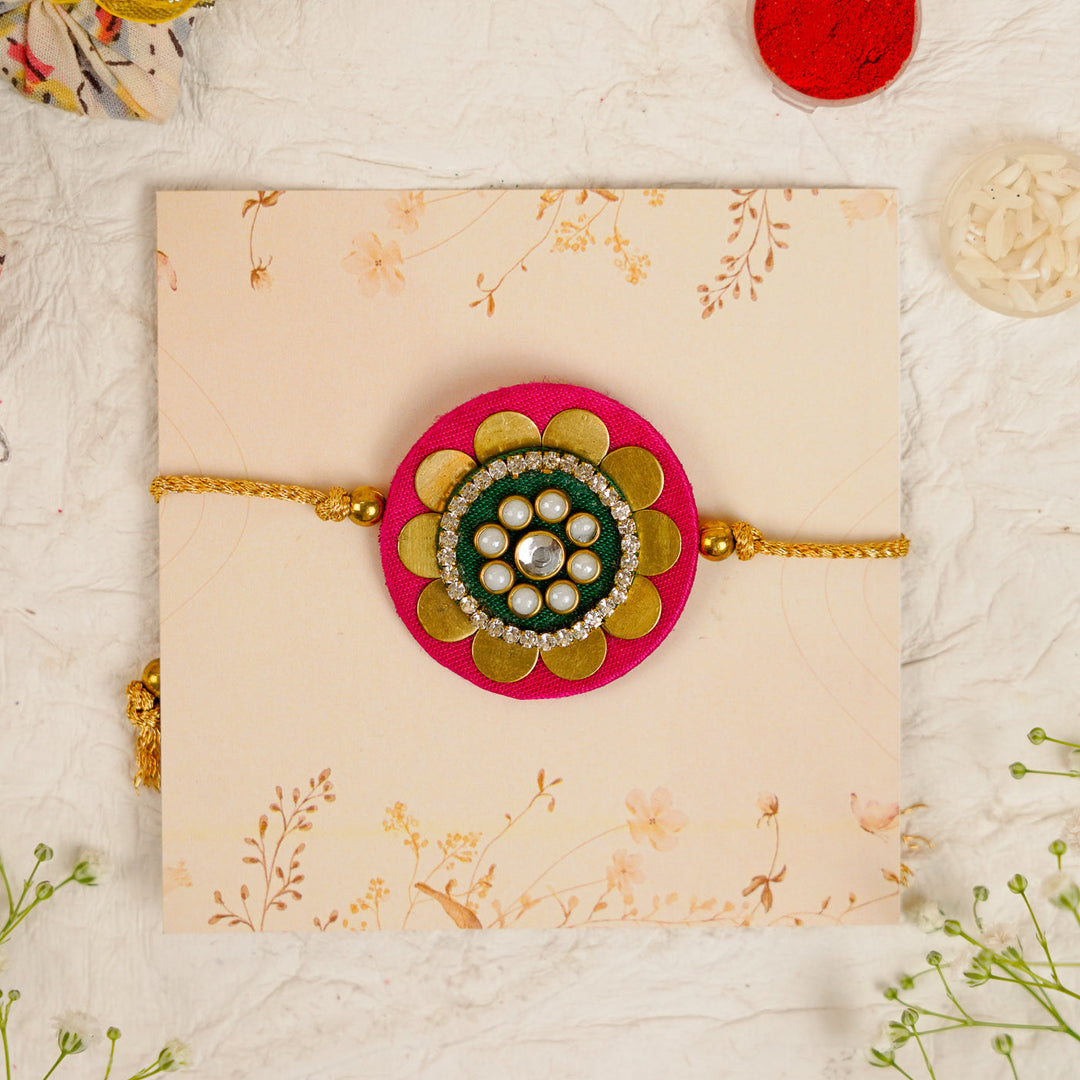 Handmade Mandala Kundan Flower Rakhi With Roli Chawal - Front View on Display Card (7)
