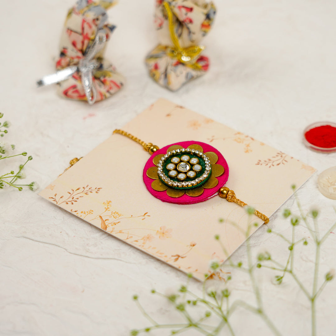 Handmade Mandala Kundan Flower Rakhi With Roli Chawal - Angled Side View with Accessories (9)