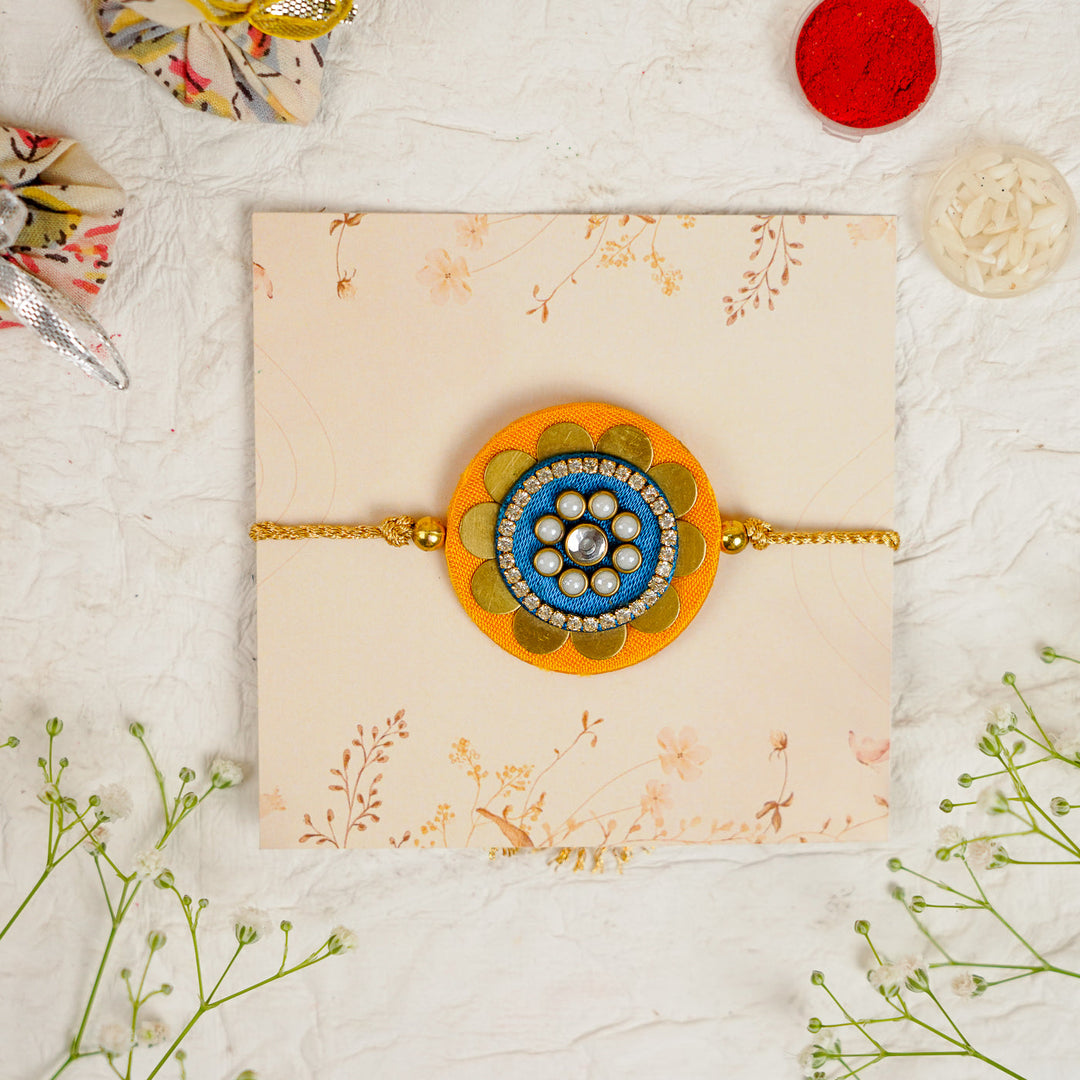 Handmade Mandala Kundan Flower Rakhi With Roli Chawal - Front View on Display Card (10)