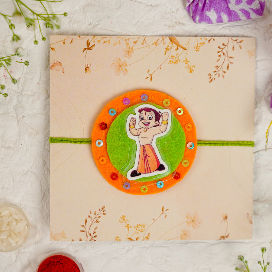 Handmade Chota Bheem Kids Rakhi With Roli Chawal - Front View on Gift Envelope