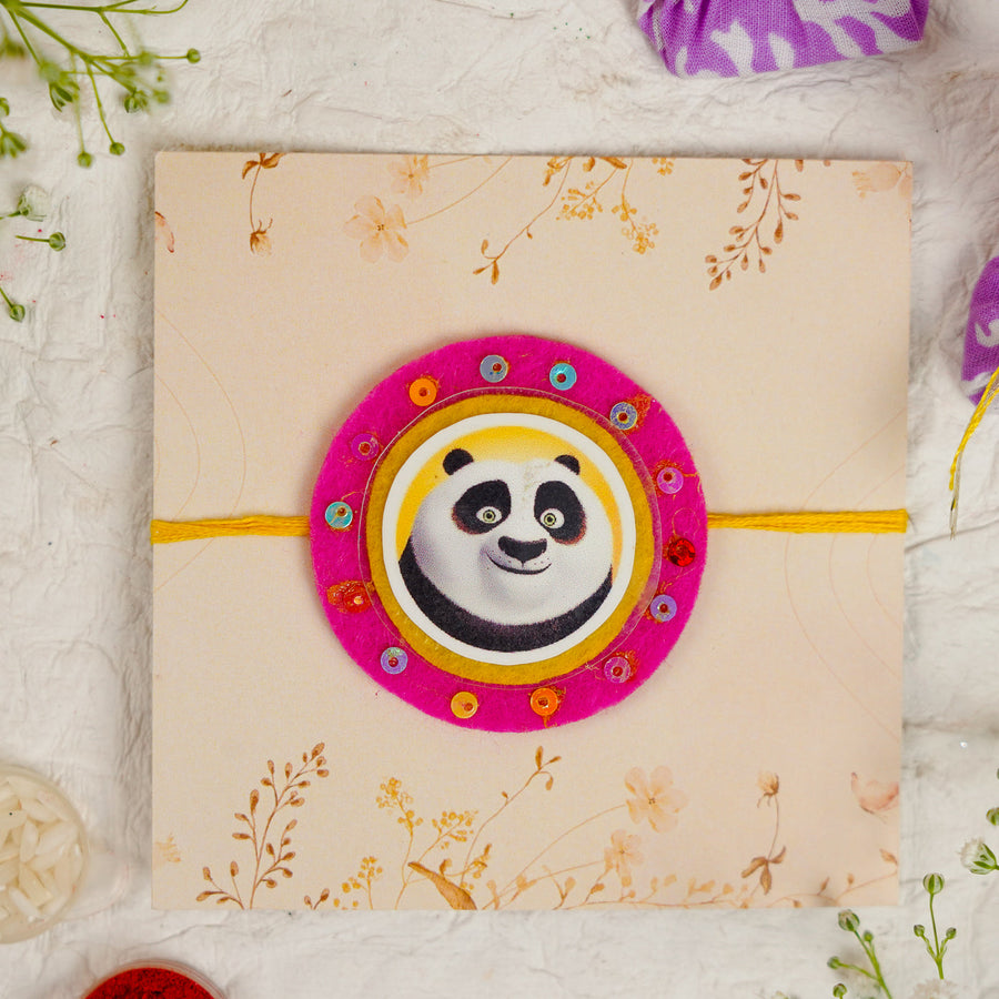 Handmade Kung Fu Panda Kids Rakhi With Roli Chawal - Front View on Packaging