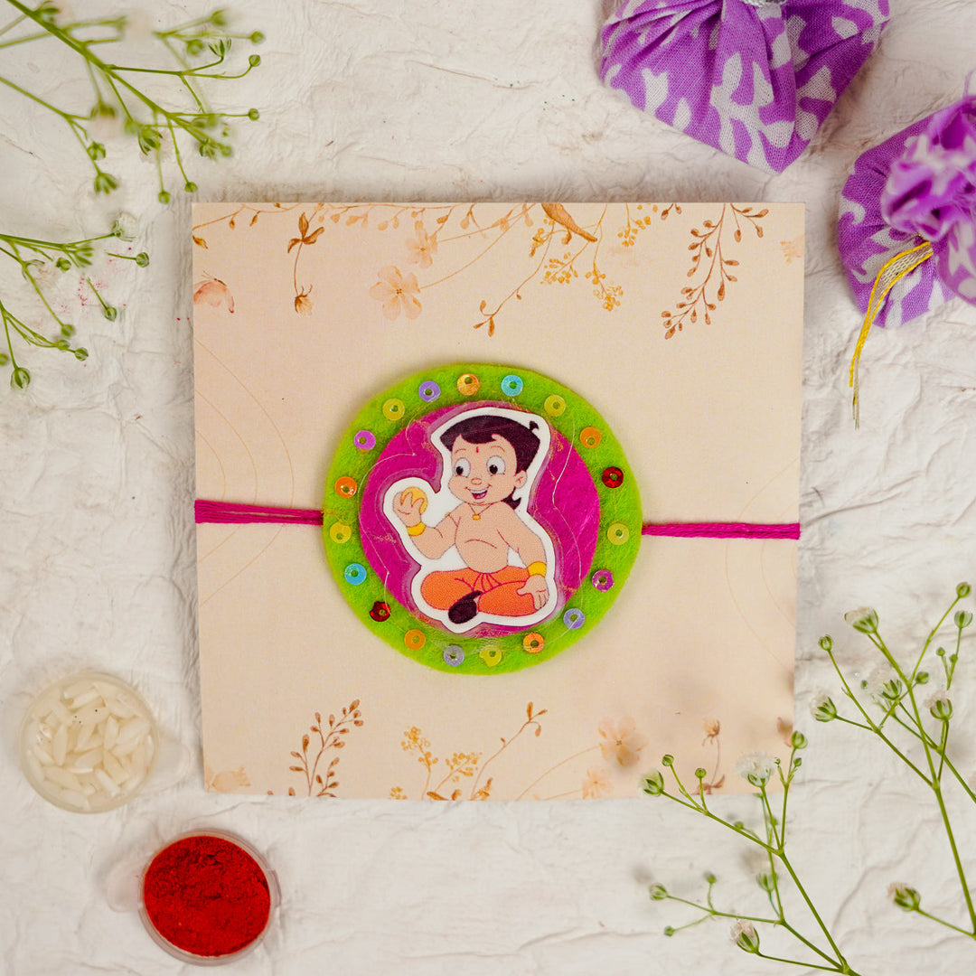 Handmade Chota Bheem With Ladoo Rakhi With Roli Chawal - Front View with Packaging (4)