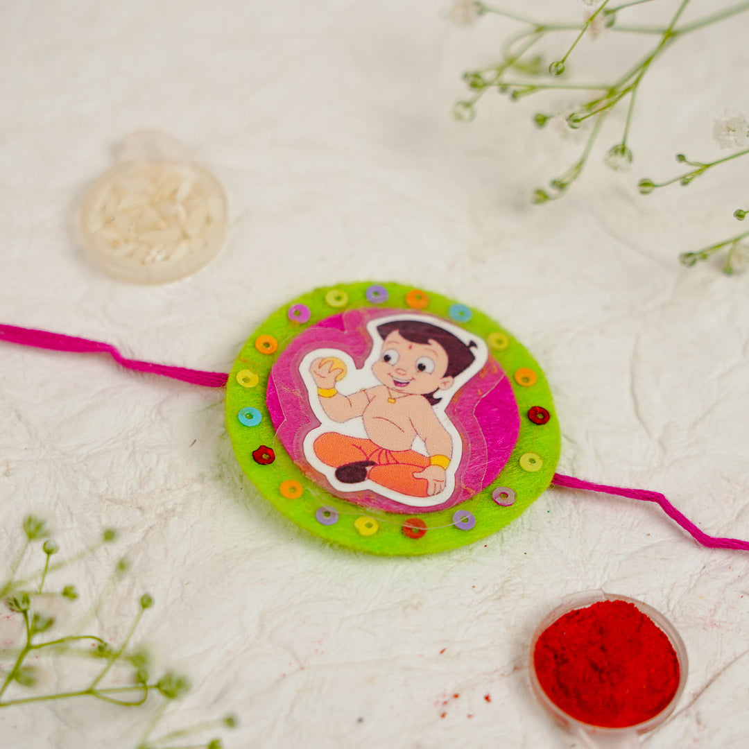 Handmade Chota Bheem With Ladoo Rakhi With Roli Chawal - Close-up of Rakhi Design (5)