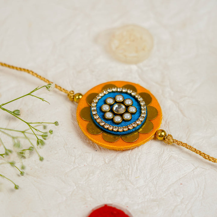 Handmade Mandala Kundan Flower Rakhi With Roli Chawal - Close-up Top View (11)