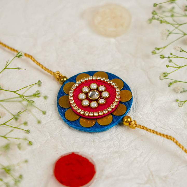 Handmade Mandala Kundan Flower Rakhi With Roli Chawal - Close-up Top View (5)