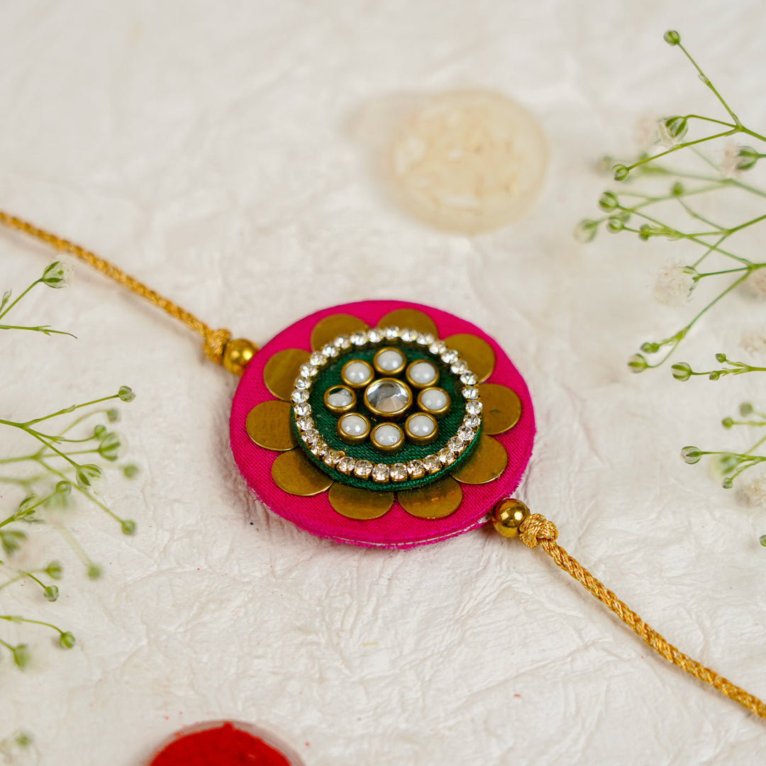Handmade Mandala Kundan Flower Rakhi With Roli Chawal - Close-up Top View (8)