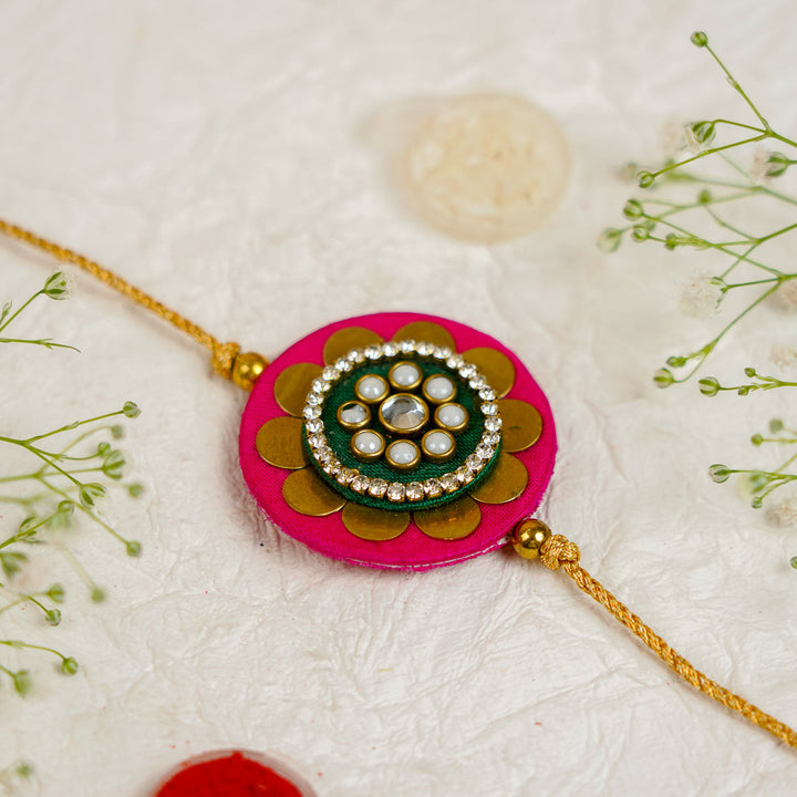 Handmade Mandala Kundan Flower Rakhi With Roli Chawal - Close-up Top View (8)