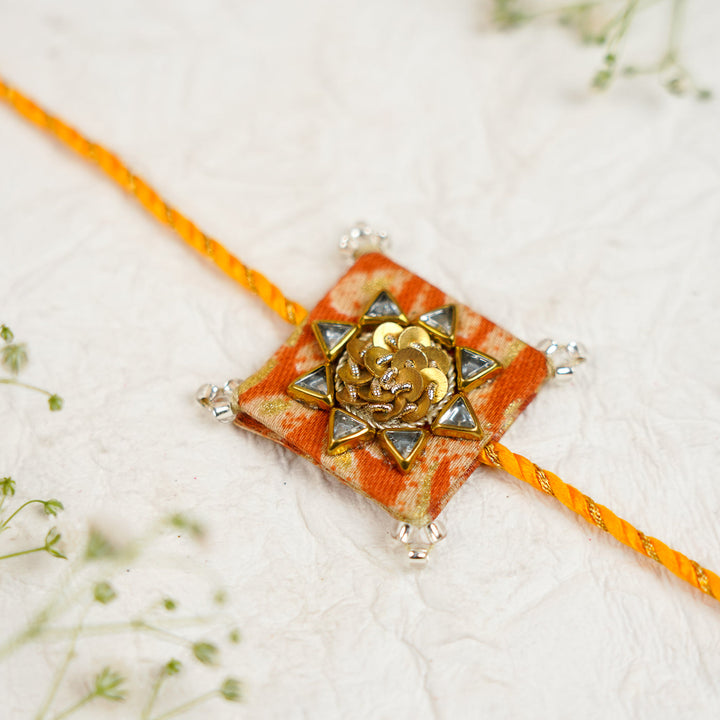 Handmade Sequin Embroidery Kundan Bhaiya Bhabhi Rakhi With Roli Chawal Set Of 2 - Close-up of Single Rakhi Thread (5)