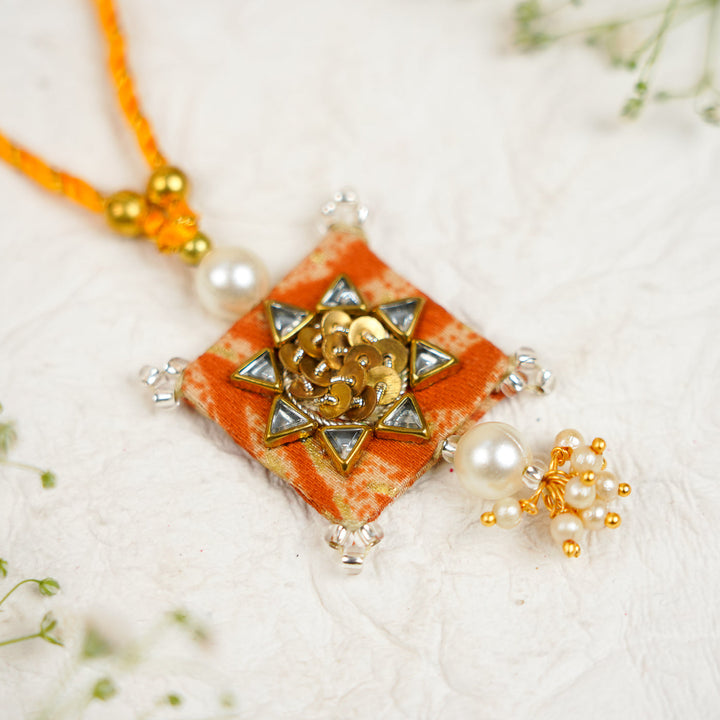 Handmade Sequin Embroidery Kundan Bhaiya Bhabhi Rakhi With Roli Chawal Set Of 2 - Close-up of Single Rakhi Pendant (6)