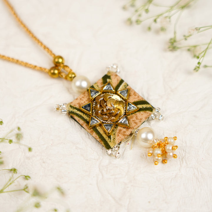Handmade Sequin Embroidery Kundan Bhaiya Bhabhi Rakhi With Roli Chawal Set Of 2 - Close-up of Single Rakhi Pendant (9)