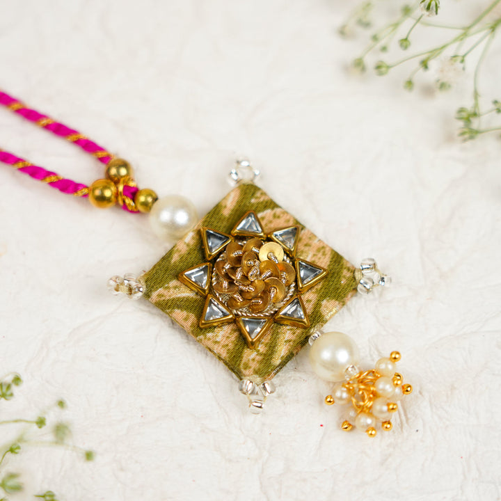 Handmade Sequin Embroidery Kundan Bhaiya Bhabhi Rakhi With Roli Chawal Set Of 2 - Close-up of Single Rakhi Pendant