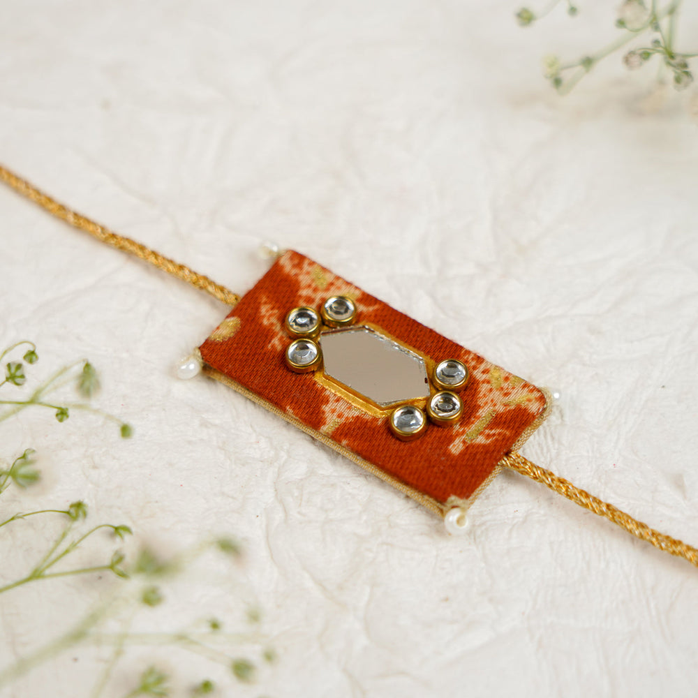 Handmade Sequin Embroidery Rectangle Kundan Bhaiya Bhabhi Rakhi With Roli Chawal Set Of 2 - Close-up of Rakhi Band
