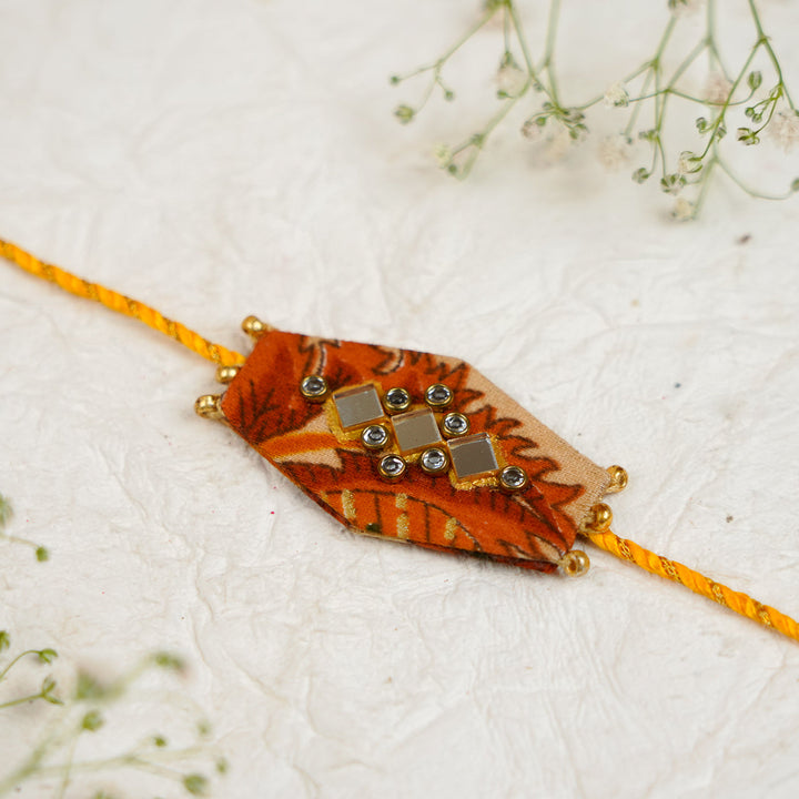 Handmade Sequin Embroidery Hexagon Kundan Bhaiya Bhabhi Rakhi With Roli Chawal Set Of 2 - Single Bracelet Close-up (5)