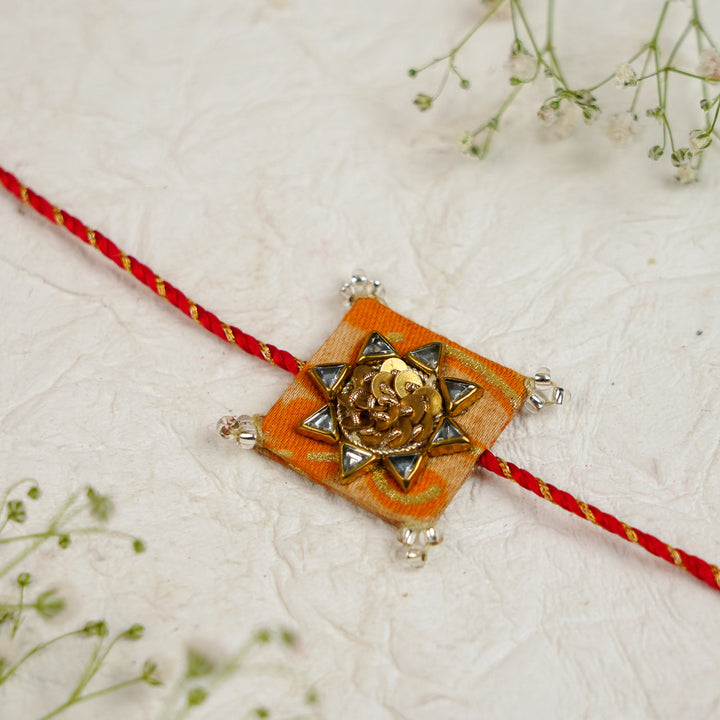 Handmade Sequin Embroidery Kundan Bhaiya Bhabhi Rakhi With Roli Chawal Set Of 2 - Close-up of Single Rakhi Thread (11)