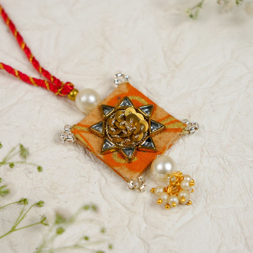 Handmade Sequin Embroidery Kundan Bhaiya Bhabhi Rakhi With Roli Chawal Set Of 2 - Close-up of Single Rakhi Pendant (12)