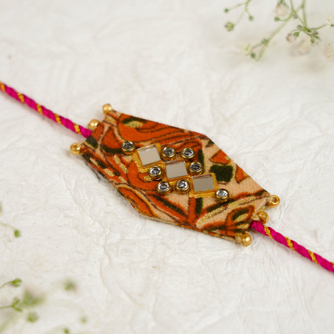 Handmade Sequin Embroidery Hexagon Kundan Bhaiya Bhabhi Rakhi With Roli Chawal Set Of 2 - Single Bracelet Close-up
