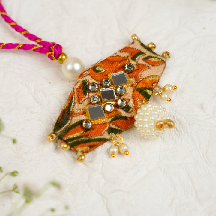 Handmade Sequin Embroidery Hexagon Kundan Bhaiya Bhabhi Rakhi With Roli Chawal Set Of 2 - Single Pendant Close-up