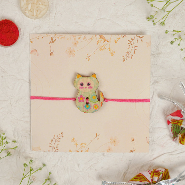Handmade Cat Kids Rakhi With Roli Chawal 2 - Front View with Light Cat Charm