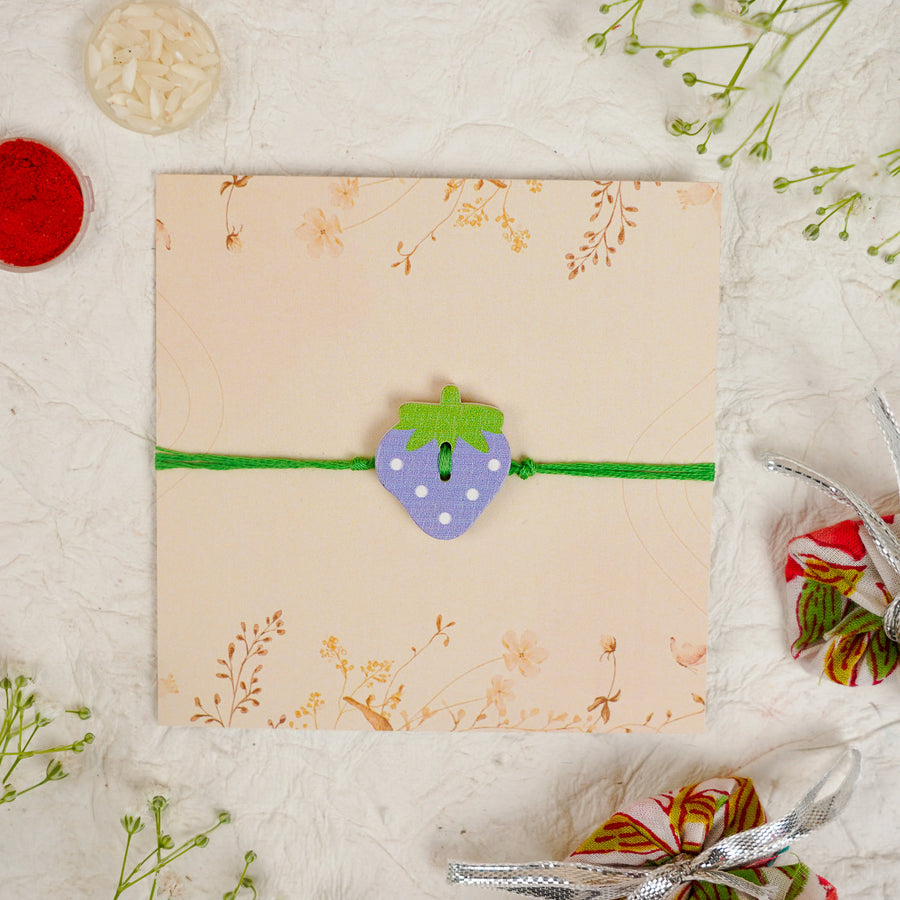 Handmade Strawberry Kids Rakhi With Roli Chawal - Front View
