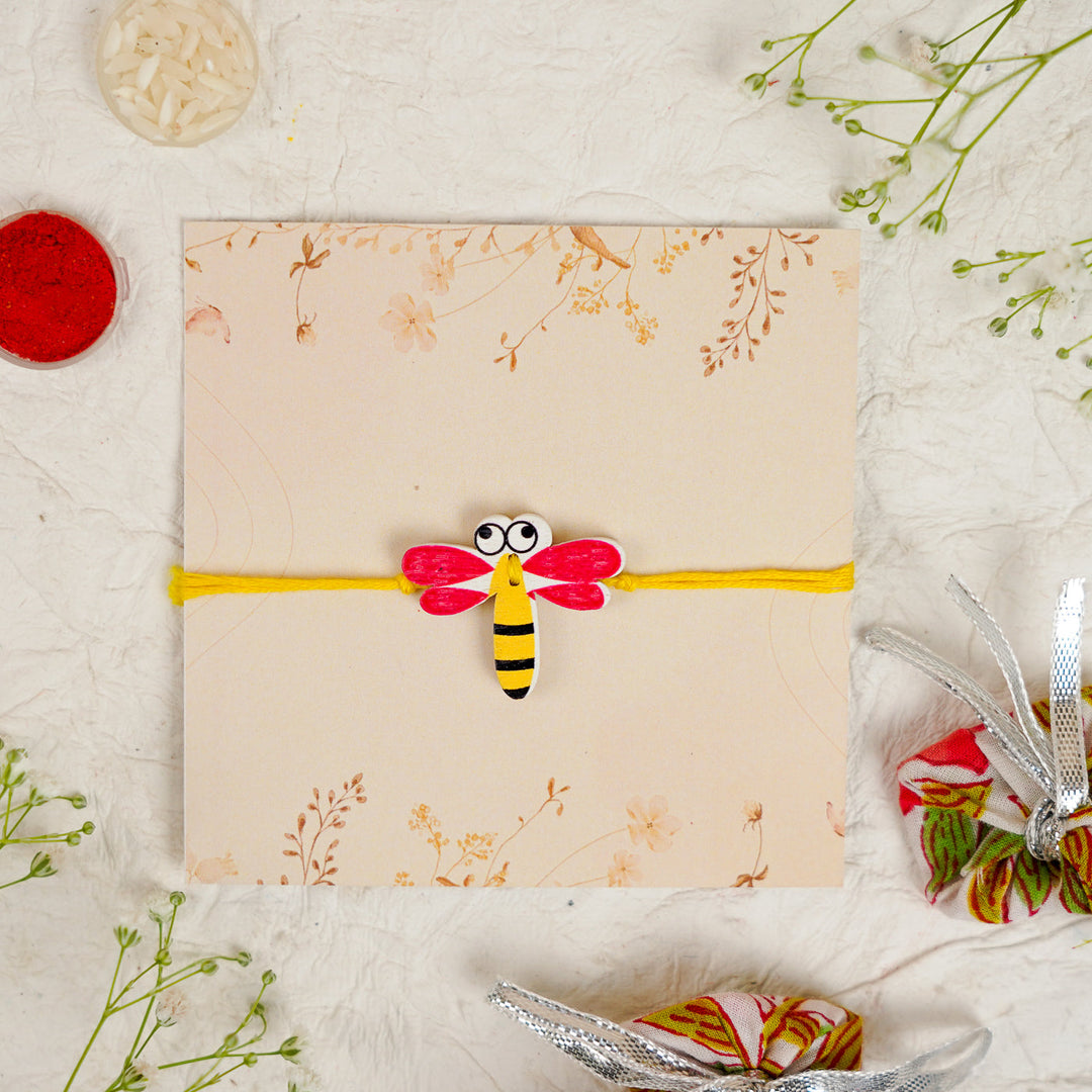 Handmade Dragon Fly Kids Rakhi With Roli Chawal - Front View (9)
