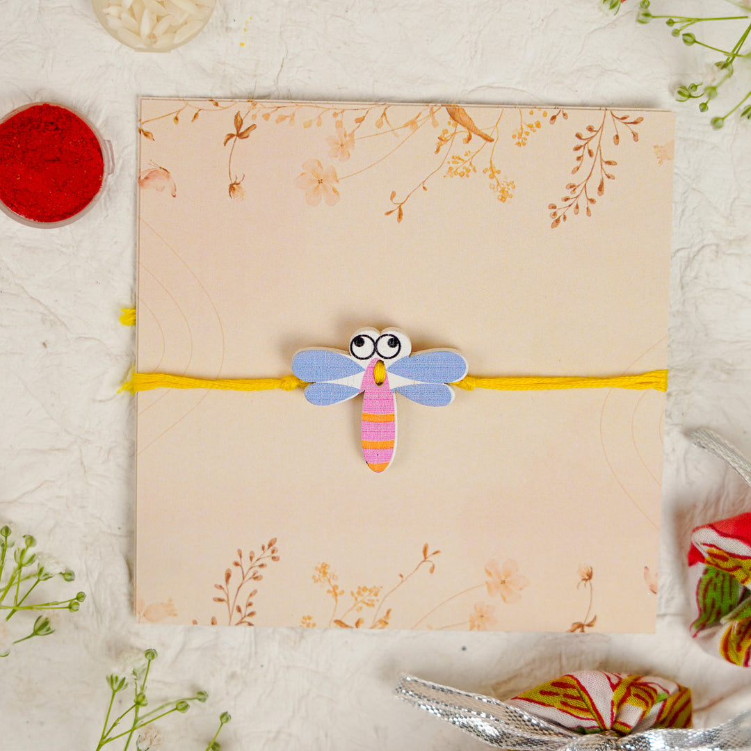 Handmade Dragon Fly Kids Rakhi With Roli Chawal - Front View (3)