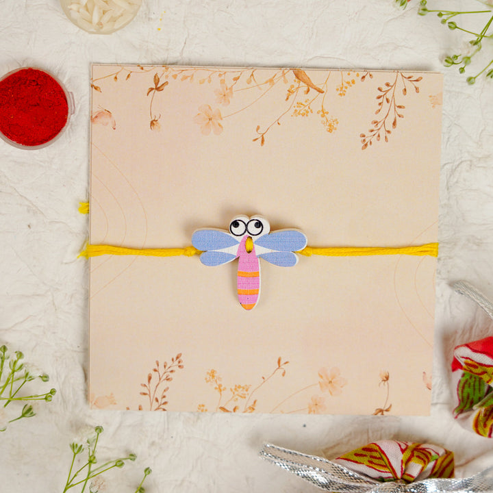 Handmade Dragon Fly Kids Rakhi With Roli Chawal - Front View (3)