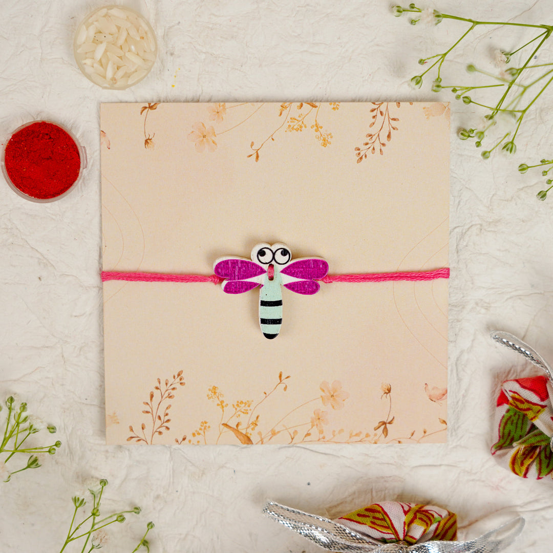 Handmade Dragon Fly Kids Rakhi With Roli Chawal - Front View (5)