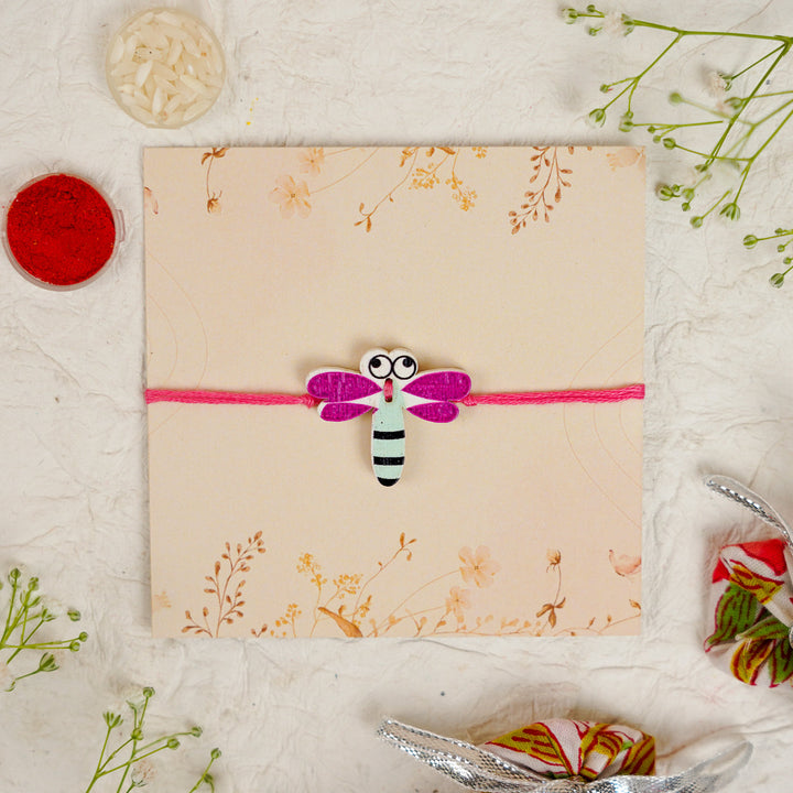 Handmade Dragon Fly Kids Rakhi With Roli Chawal - Front View (5)