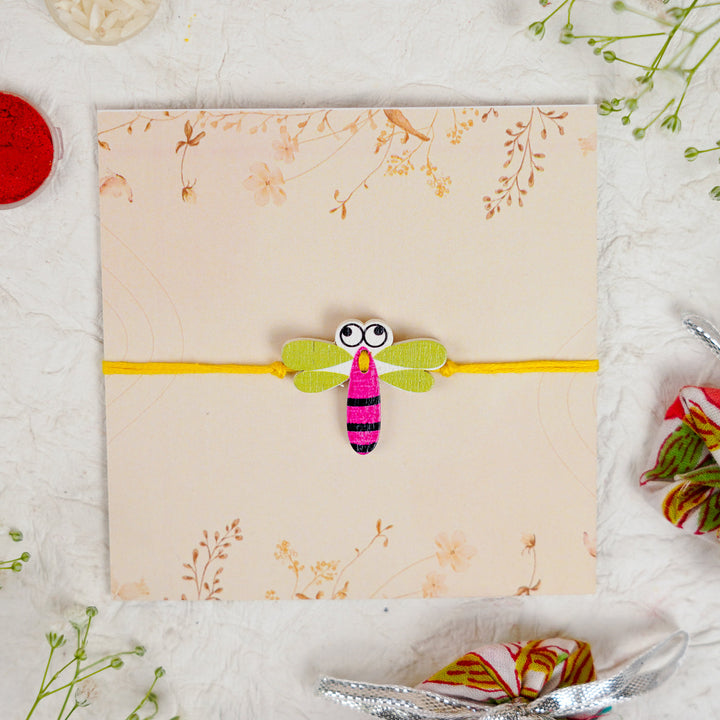 Handmade Dragon Fly Kids Rakhi With Roli Chawal - Front View (7)