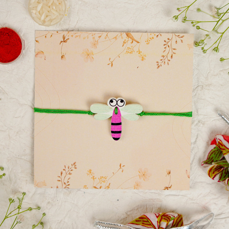 Handmade Dragon Fly Kids Rakhi With Roli Chawal - Front View