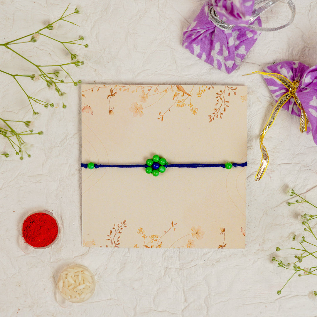 Handmade Beaded Flower Rakhi With Roli Chawal - Close-up of single bracelet (21)