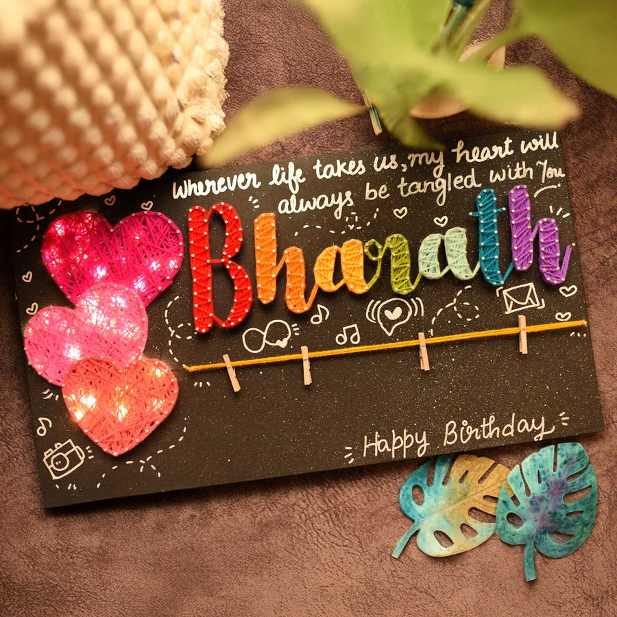 Personalized String Art Light Hearts Mdf Wood Name Plate - Name Personalization Example with Thread Art