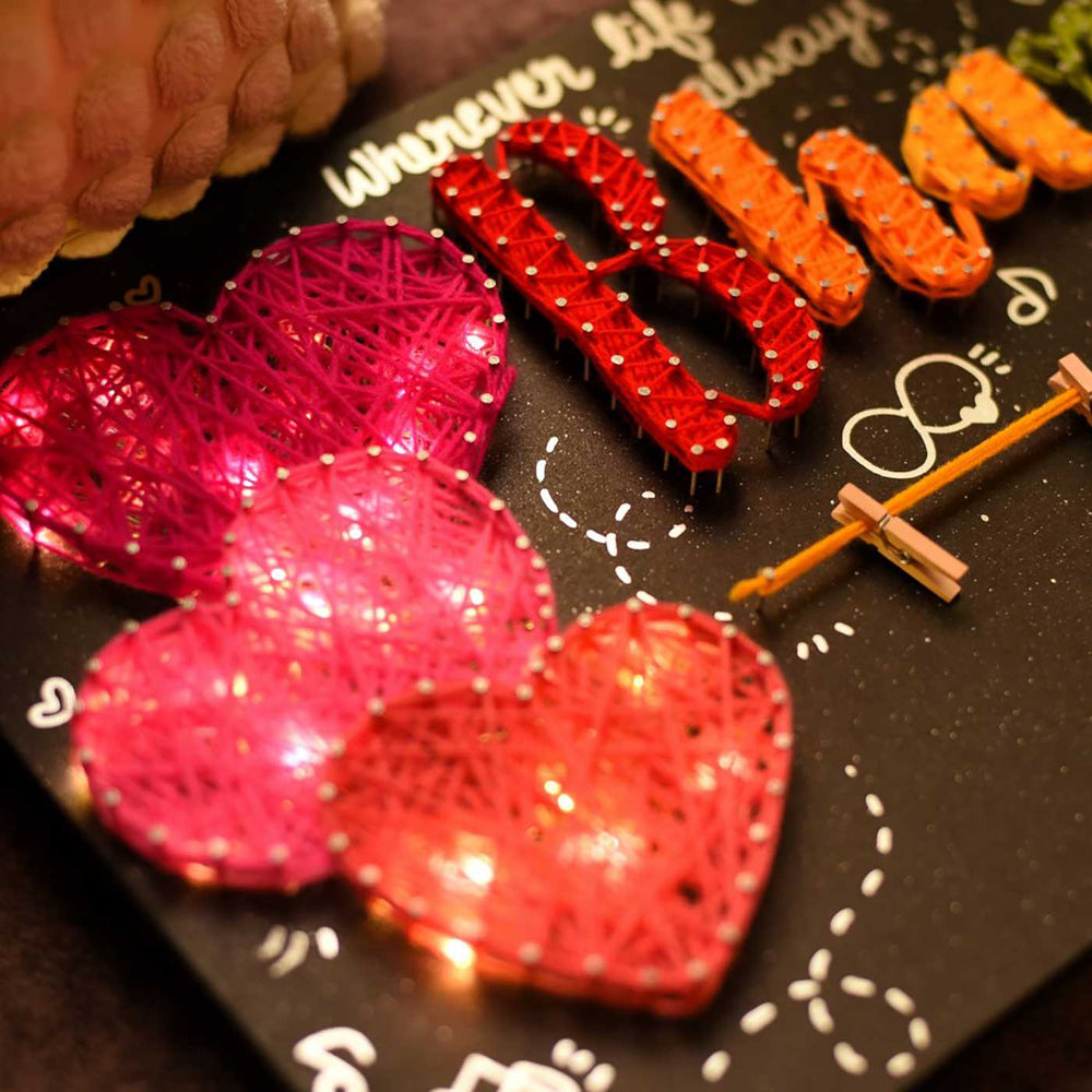 Personalized String Art Light Hearts Mdf Wood Name Plate - Close-up of String Art Detail