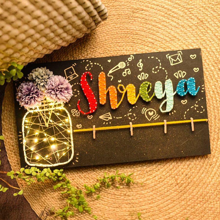 Personalized String Art Light Jar Mdf Wood Name Plate - Name Personalization Example Front View
