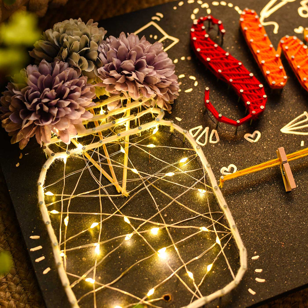 Personalized String Art Light Jar Mdf Wood Name Plate - Top Close-up with Lighted Decoration