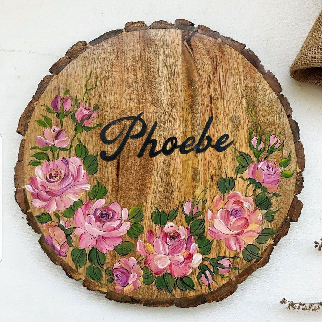 Personalised Handpainted Floral Theme Wood Nameplate - Name Personalization Close-up