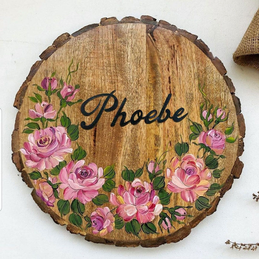 Personalised Handpainted Floral Theme Wood Nameplate - Name Personalization Close-up
