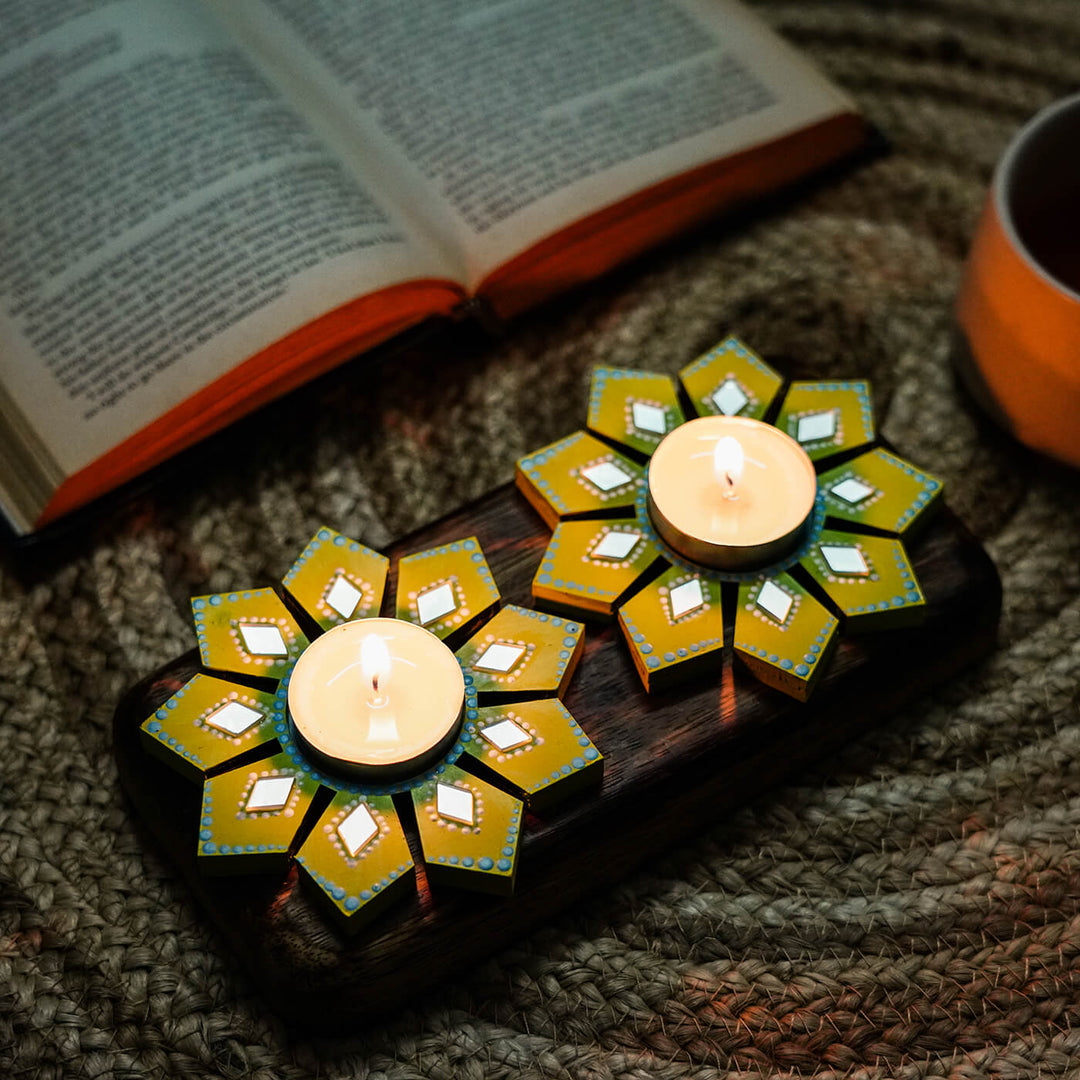 Geometric Flower Design Dot Art Festive Tealight Holder | Set of 2