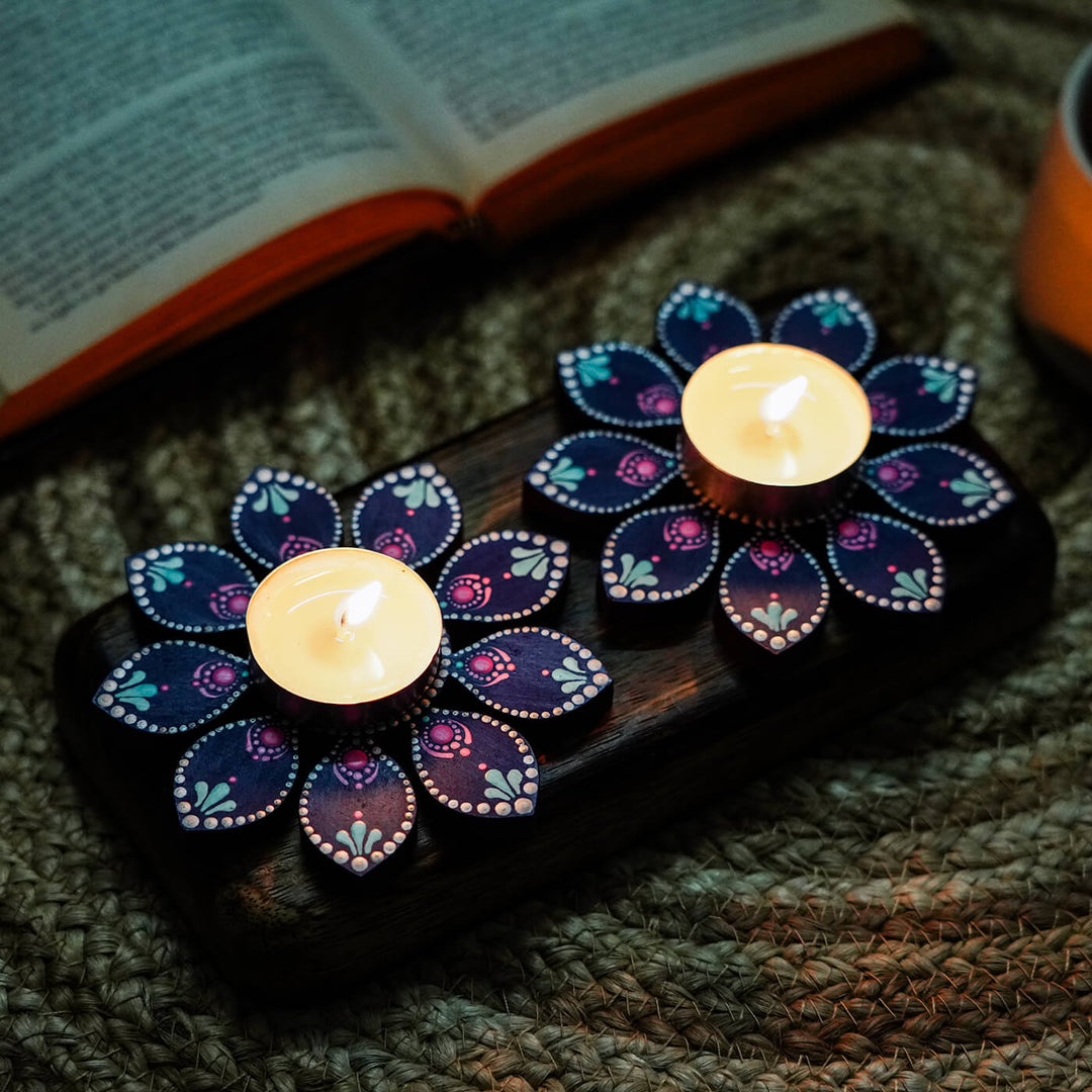 Flower Design Dot Art Festive Tealight Holder | Set of 2