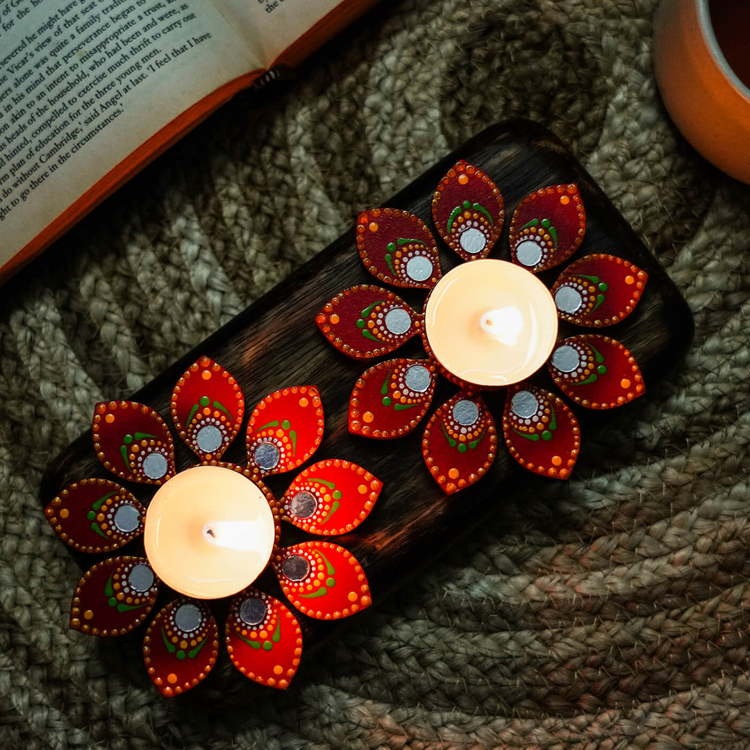 Flower Design Dot Art Festive Tealight Holder | Set of 2