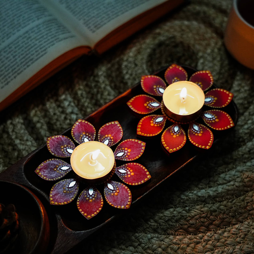 Flower Design Dot Art Festive Tealight Holder | Set of 2